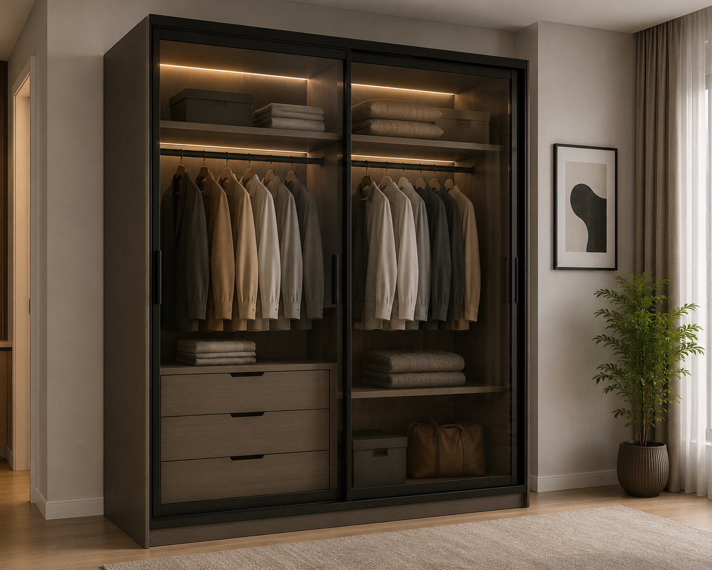 دولاب ملابس زجاجي بأبواب جرار – 180 × 60 × 240 سم