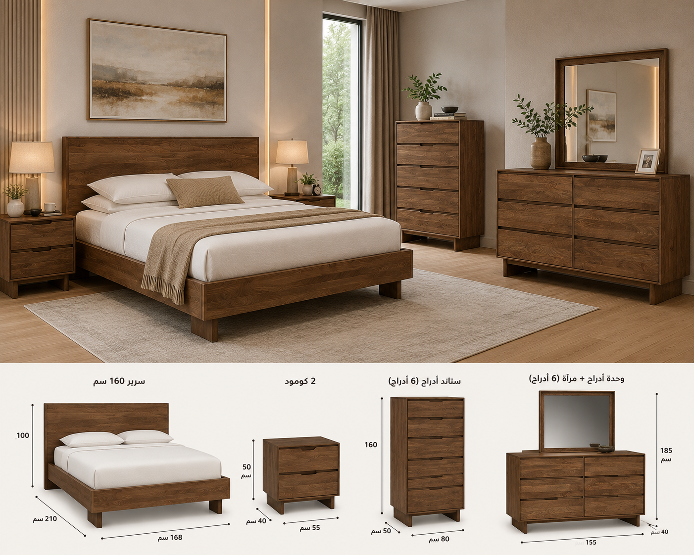غرفة نوم مودرن من الخشب الطبيعي (Natural Solid Wood Bedroom Set)