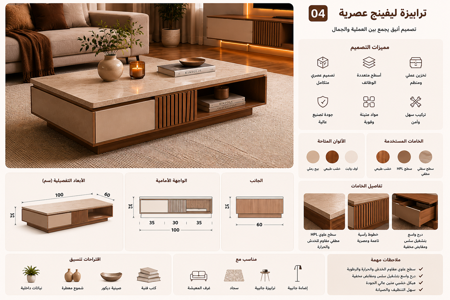 ترابيزة ليفينج مودرن – 100 × 60 سم